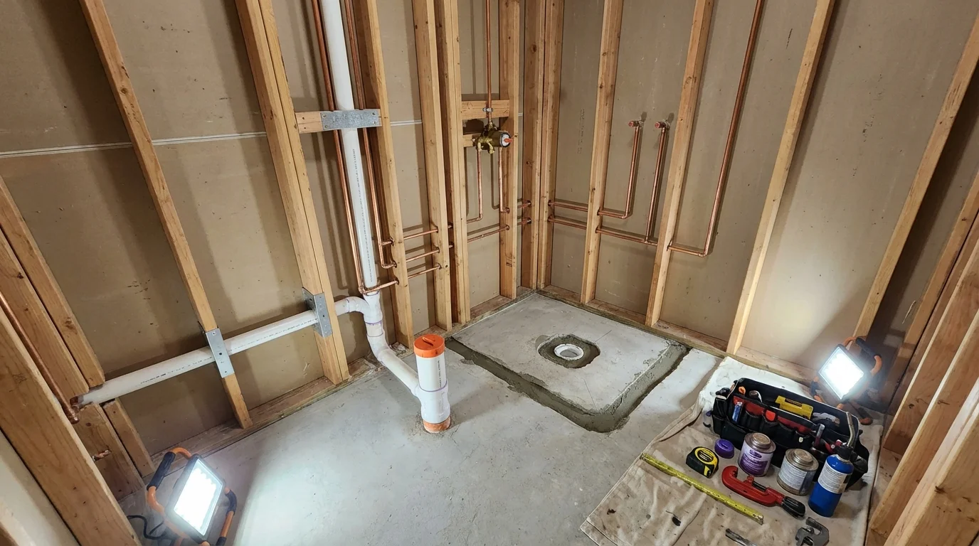 Bathroom rough-in plumbing during remodel by Johns Plumbing LLC in Monroe