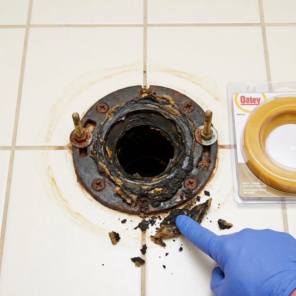 Failed wax ring showing water seepage at the base of a toilet in a Monroe, MI home