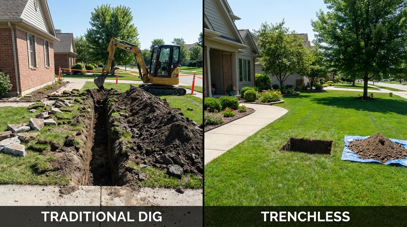 Trenchless sewer repair with minimal yard damage versus traditional excavation in Monroe, MI