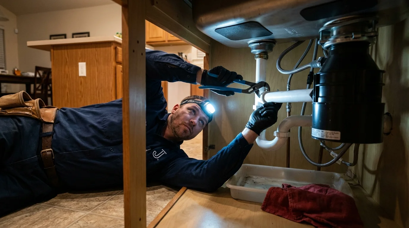 P-trap and supply line connections under a kitchen sink showing a common leak point in Monroe, MI